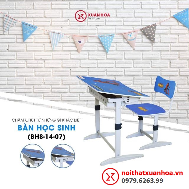 Bộ bàn ghế học sinh tiểu học BHS-14-07 màu xanh